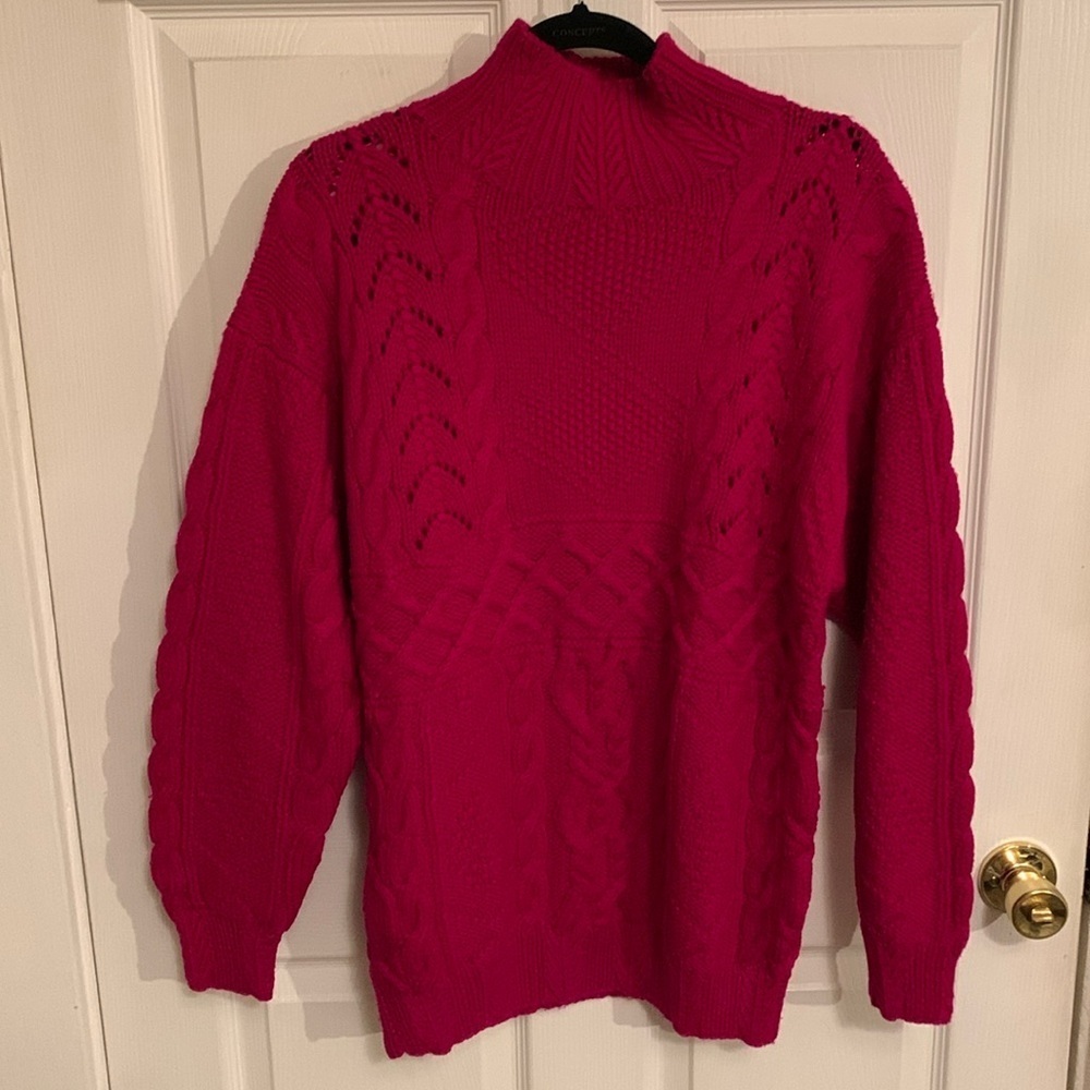Ralph Lauren Vintage Deep Pink Mock-Neck Cable knit Women Heavy Sweater